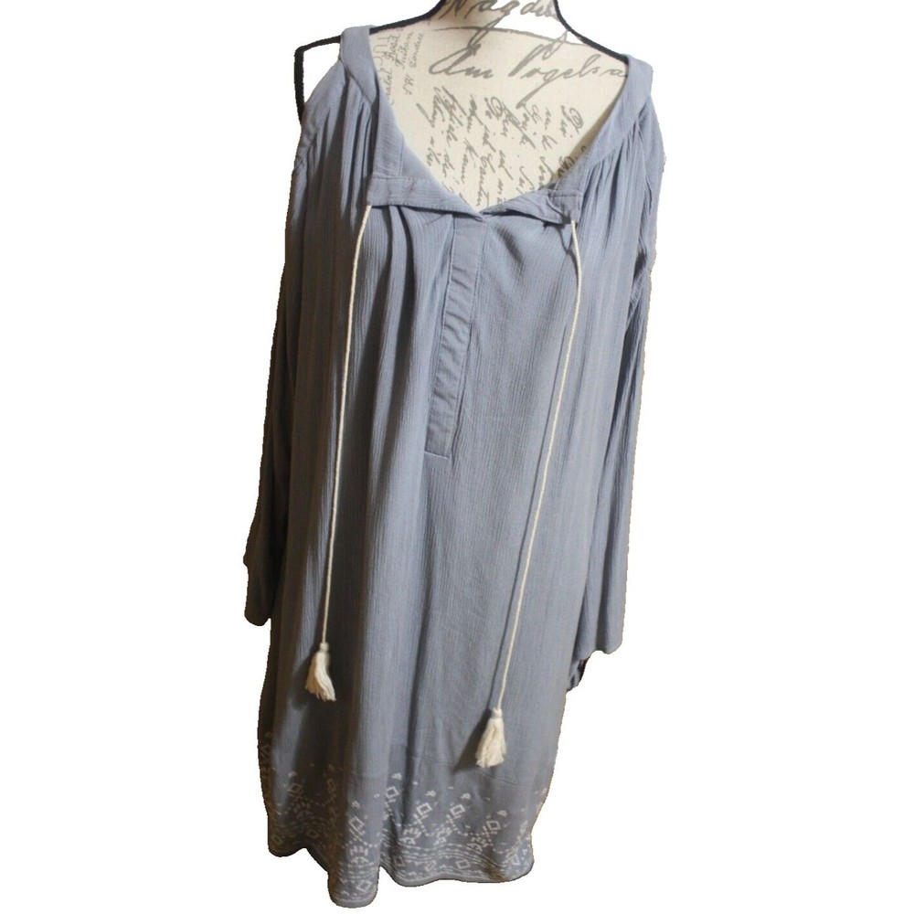 Knox Rose Cold Shoulder LS Embroidered Dress Gray XXL Pockets Lined Boho NWT